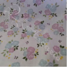 Small Blue & Lilac Roses on White poly-cotton