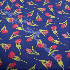 Pink Tulip Flowers on Blue Polycotton