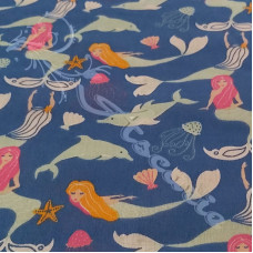 Mermaids & Dolphins on Blue Polycotton