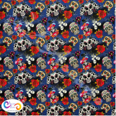 Skulls & Skeletons on Blue 100% Digital Cotton