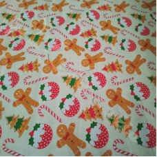 Xmas Puddings & Trees, Gingerbread, Candy Canes on Cream Polycotton Print