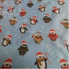 Penguins in Woolly Hats on Blue Polycotton Print
