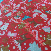 Christmas Snowmen, trees, candy canes on Red Polycotton Print