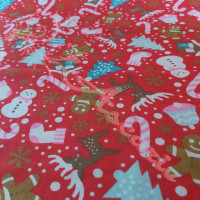 Christmas Snowmen, trees, candy canes on Red Polycotton Print Christmas Snowmen, trees, candy canes on Red Polycotton Print
