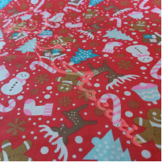 Christmas Snowmen, trees, candy canes on Red Polycotton Print