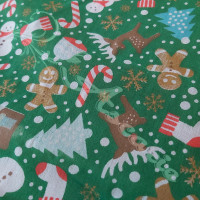 Christmas Snowmen, trees, candy canes on Green Polycotton Print