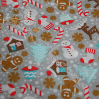 Christmas Snowmen, trees, candy canes on Grey Polycotton Print