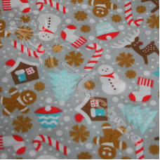 Christmas Snowmen, trees, candy canes on Grey Polycotton Print