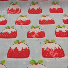 Christmas Puddings on Blue Polycotton Print