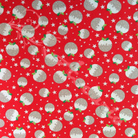 Small Christmas Puds on Red Polycotton Print