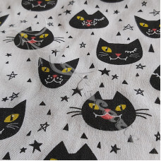 Spooky Halloween Black Cats on White Polycotton 