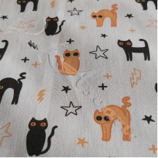 Spooky Halloween Scary Cats on White Polycotton 