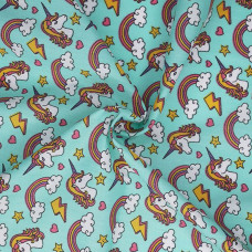 Rainbow Unicorn on Aqua Background  Polycotton 